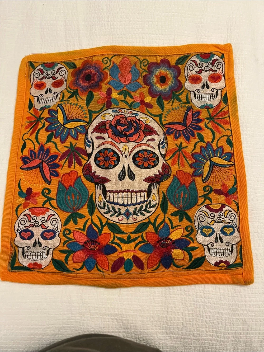 Embroidered Sugar Skull - Vibrant Orange Pillow cover.